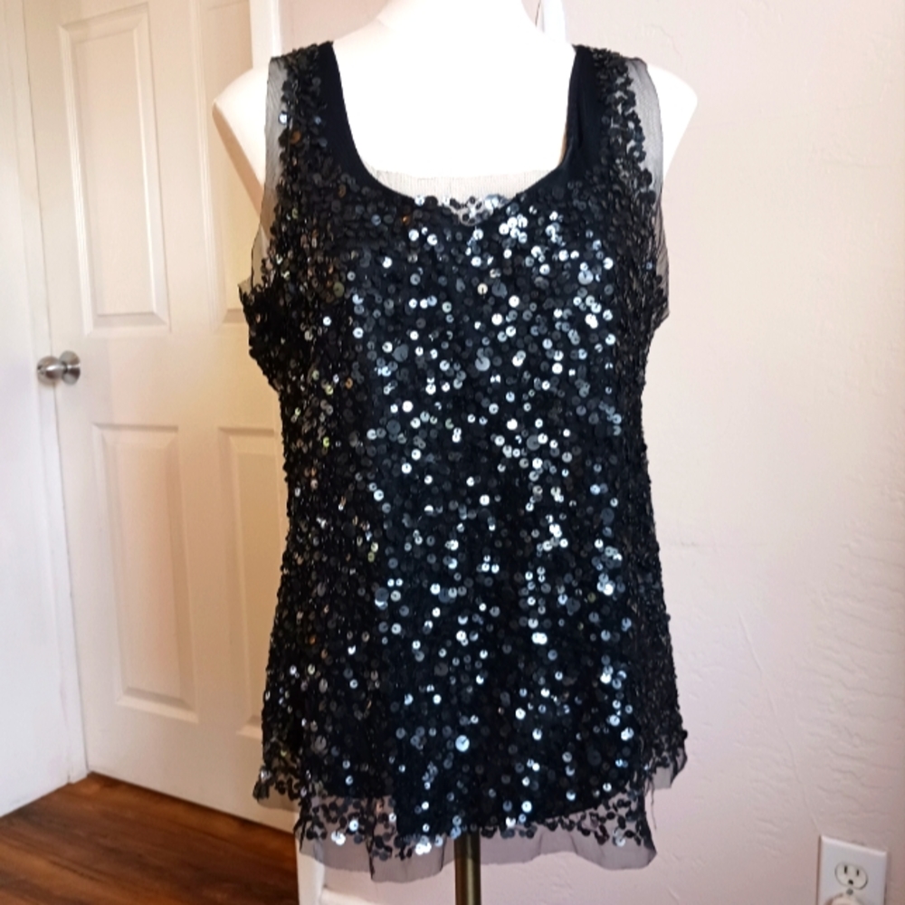 Linda Leal Black Mesh Sequin Sleeveless Top/Tank Top/Cami - Holidays are coming!